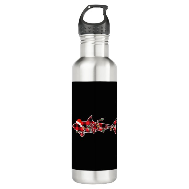 Red Plaid Pajama Shark Santa Hat Christmas Light 710 Ml Water Bottle (Front)