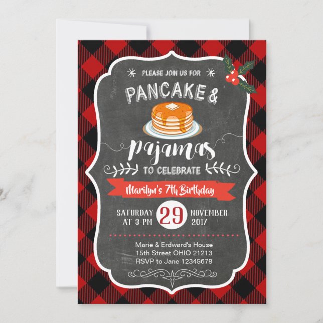 Red Plaid Pancake and Pyjamas Birthday Invitation (Front)