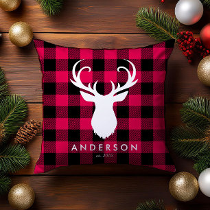 Red Plaid Pattern and Deer Christmas Throw Pillow