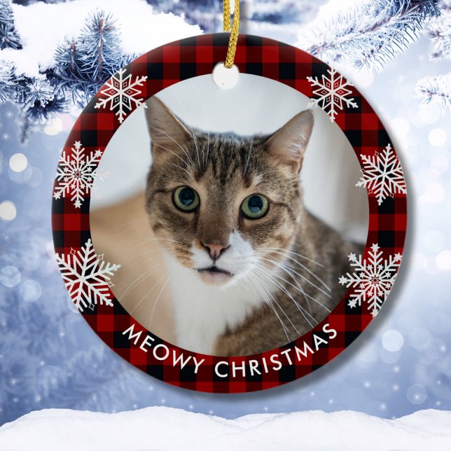 Red Plaid Pattern Custom Cat Photo Meowy Christmas Ceramic Ornament (Red Plaid Pattern Cat Photo Meowy Christmas Ceramic Ornament
)