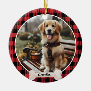 Red Plaid Pattern Custom Name And Cute Pet Photo Ceramic Ornament