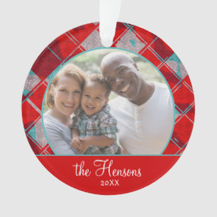Red Plaid Pattern Family Photo Christmas Keepsake Ornament
