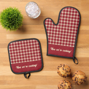 Red Plaid Pattern Funny Now We're Cooking Oven Mitt & Pot Holder Set
