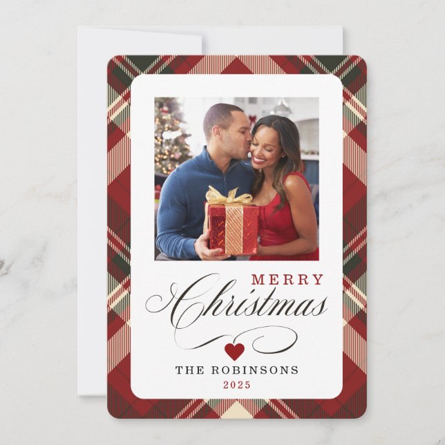 Red Plaid Pattern Merry Christmas Photo Holiday Card (Front)