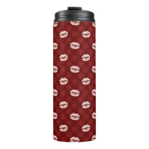 RED PLAID PATTERN WITH PINK VALENTINE LOVE LIPS THERMAL TUMBLER