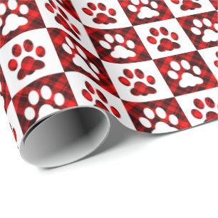 Red Plaid Paw Print Chequered Pattern Wrapping Paper