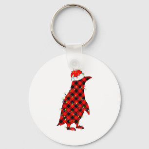 Red Plaid Penguin Christmas Lights Pajamas Adult K Keychain