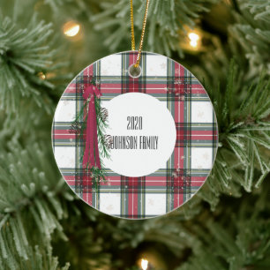 Red Plaid Personalized Christmas Ceramic Ornament