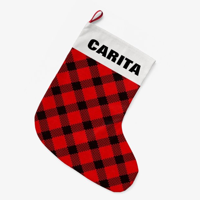 Red Plaid Personalized Christmas Stocking (Front (Hanging))