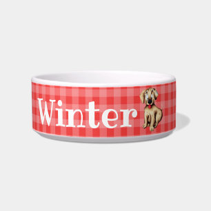 Red Plaid Personalized Illustrated Dog Bowl