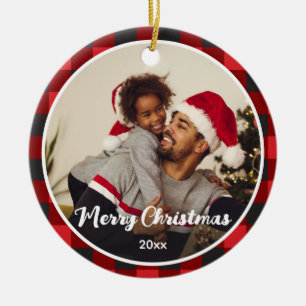 Red Plaid Photo Christmas Ceramic Ornament