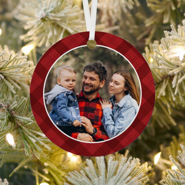 Red Plaid Photo Christmas  Metal Ornament (Insitu)