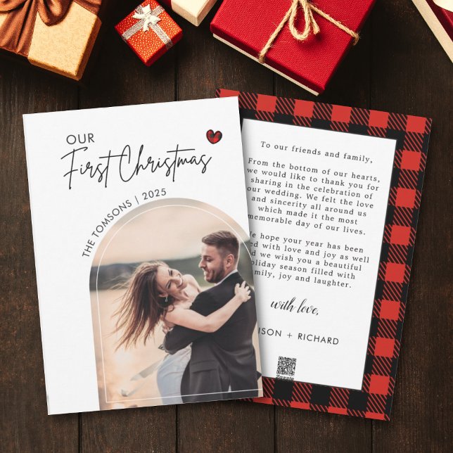 Red Plaid Photo Christmas Script Wedding Thank you Holiday Card (Creator Uploaded)