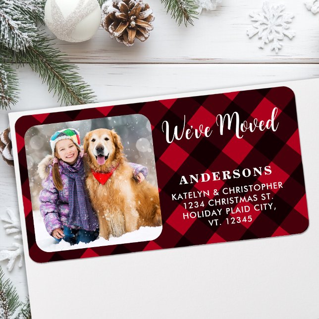 Red Plaid Photo Holiday Moving Return Address Label (Creator Uploaded)