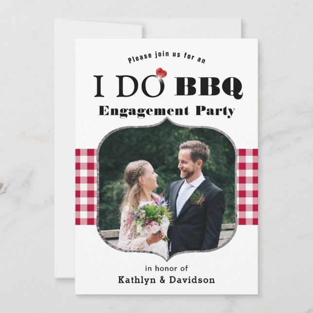 Red Plaid Photo I DO Engagement Simple BBQ Party Invitation (Front)