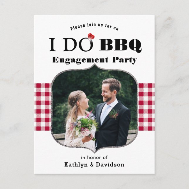 Red Plaid Photo I DO Engagement Simple BBQ Party Invitation Postcard (Front)