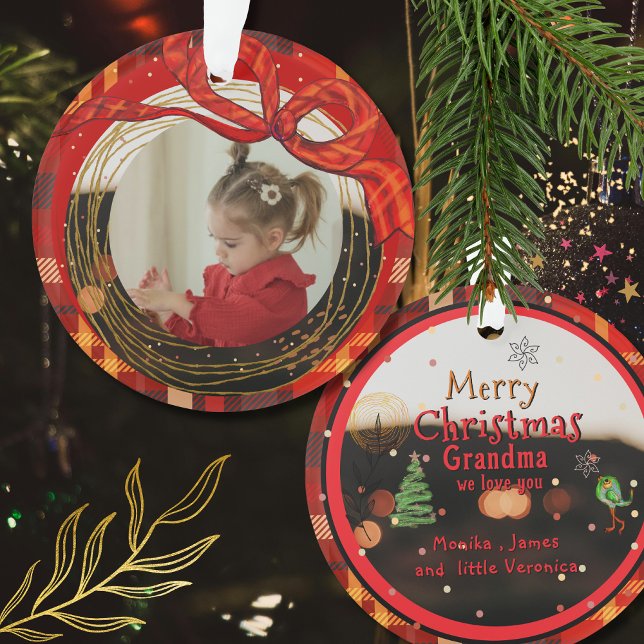 Red Plaid Photo Ornament with Hand-Drawn Ribbon (Red Plaid Photo Ornament with Hand-Drawn Ribbon)