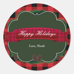 Red Plaid & Pinecones Rustic Holiday Favour Sticke Classic Round Sticker