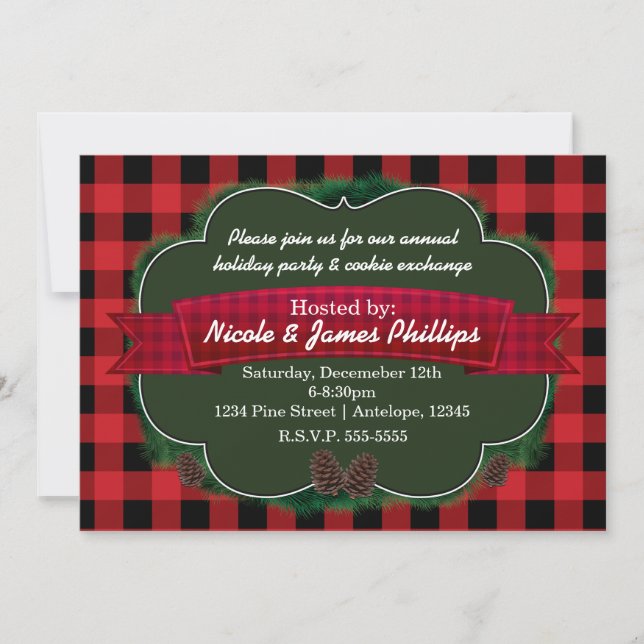 Red Plaid & Pinecones Rustic Holiday Invitations (Devant)