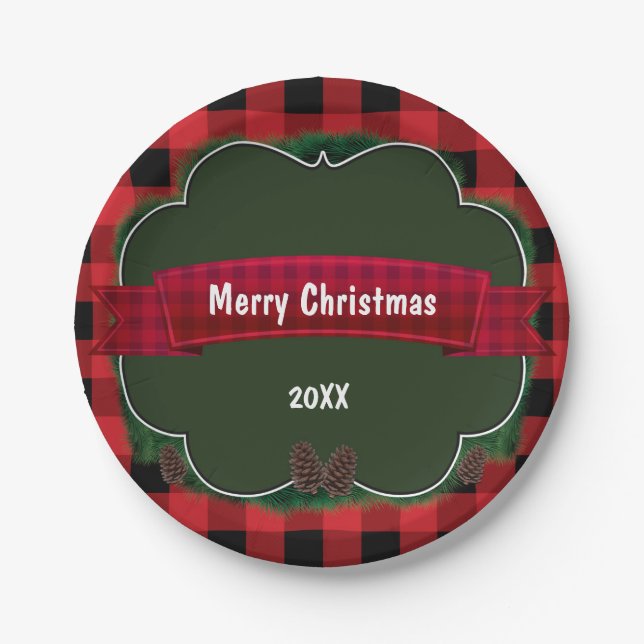 Red Plaid & Pinecones Rustic Holiday Party Plates (Front)