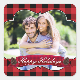 Red Plaid & Pinecones Rustic Holiday Photo Sticker