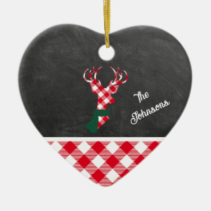 Red Plaid Reindeer Chalkboard Family Name Ceramic Ornament