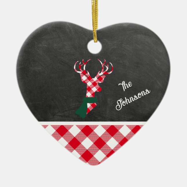 Red Plaid Reindeer Chalkboard Family Name Ceramic Ornament (Front)