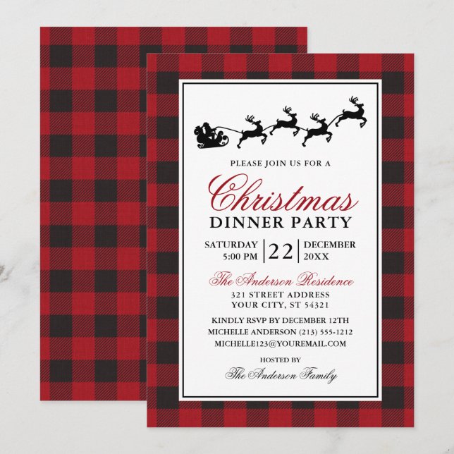 Red Plaid Reindeer Christmas Dinner Party Invitation (Front/Back)