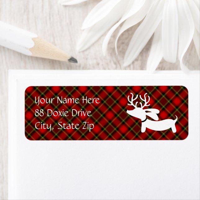 Red Plaid Reindeer Dachshund Address Labels (Insitu)