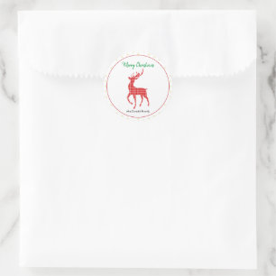 Red Plaid Reindeer Gold Star Merry Christmas Classic Round Sticker