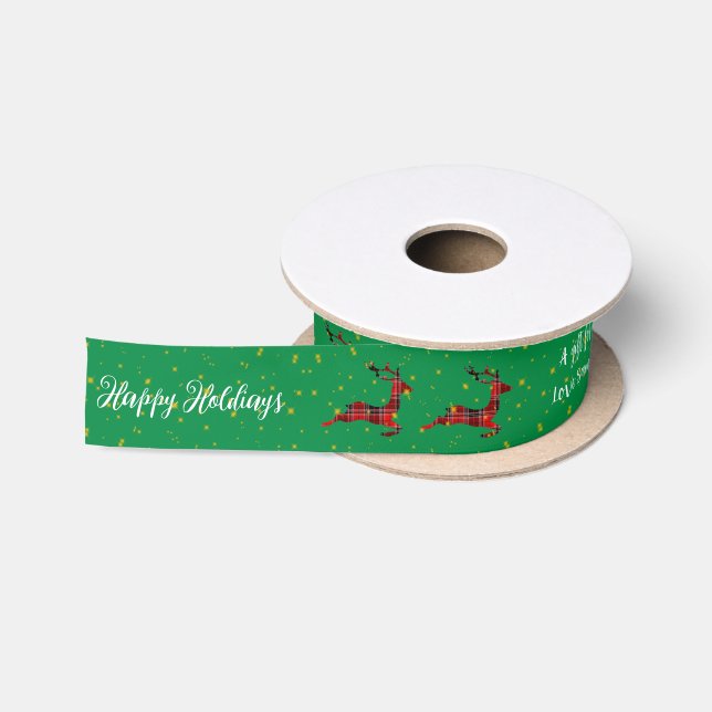 Red Plaid Reindeer Green Satin Christmas Wrap Satin Ribbon (Spool)