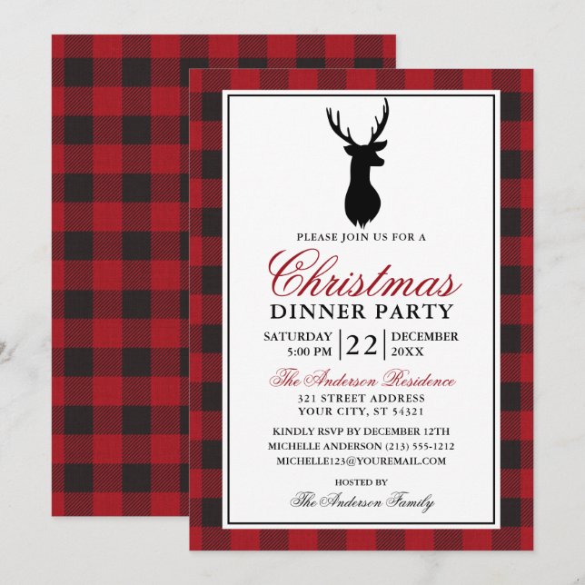 Red Plaid Rustic Christmas Dinner Party Invitation (Front/Back)