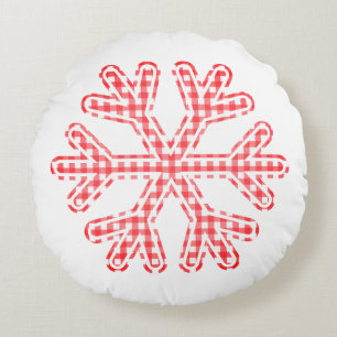 Red Plaid Rustic Snowflake Christmas Holiday Round Pillow