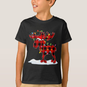 Red Plaid Santa Moose Xmas Lights Animal Lover Fam T-Shirt