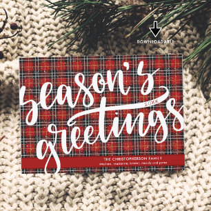 Red Plaid Script SEASONS GREETINGS Holiday Card