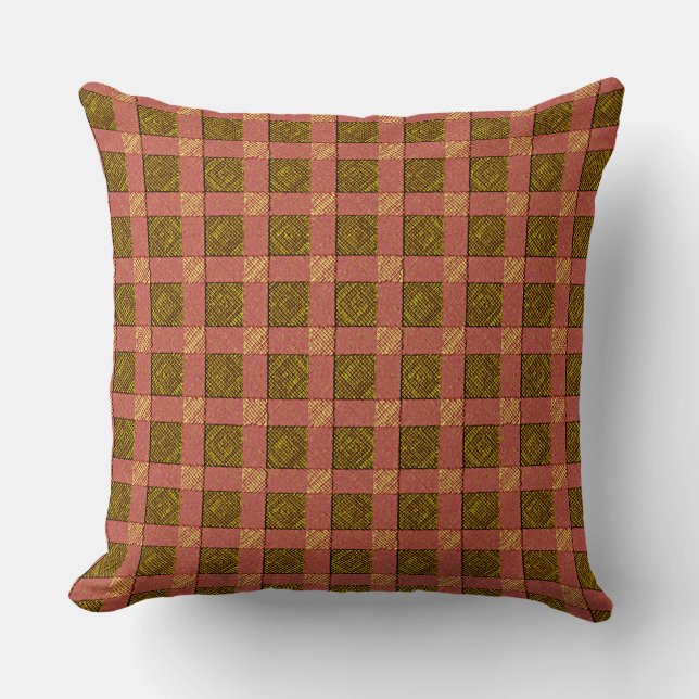 Red plaid similar to canvas strips on ochre rug throw pillow (Front)