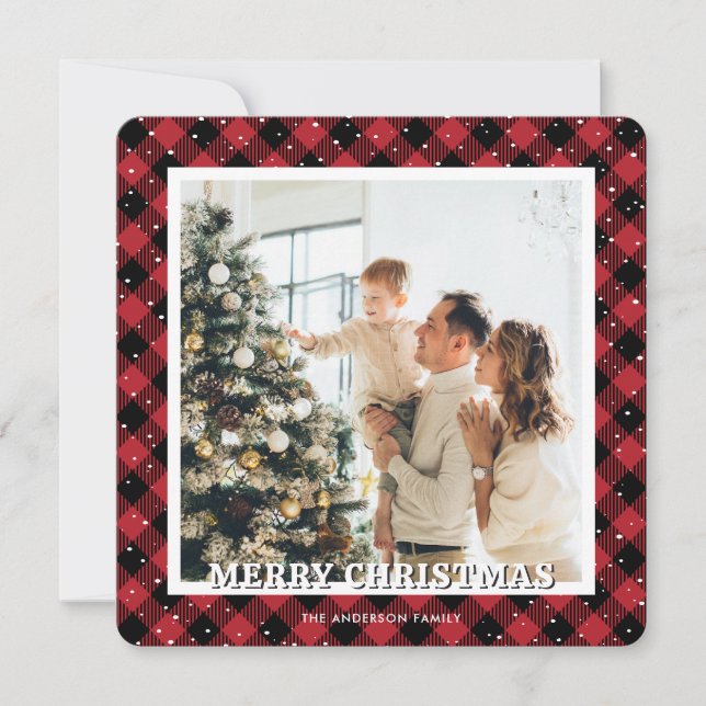 Red Plaid Snow Photo Merry Christmas Holiday Card (Front)