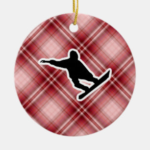Red Plaid Snowboarding Ceramic Ornament