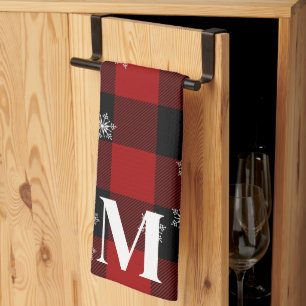 Red Plaid & Snowflakes Monogram Initial Winter Kitchen Towel