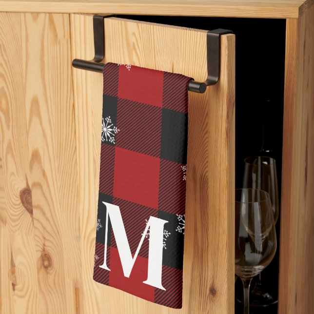 Red Plaid & Snowflakes Monogram Initial Winter Kitchen Towel (Thirds Fold)