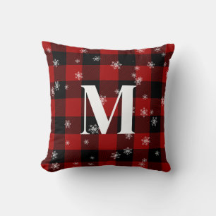 Red Plaid & Snowflakes Monogram Initial Winter Throw Pillow
