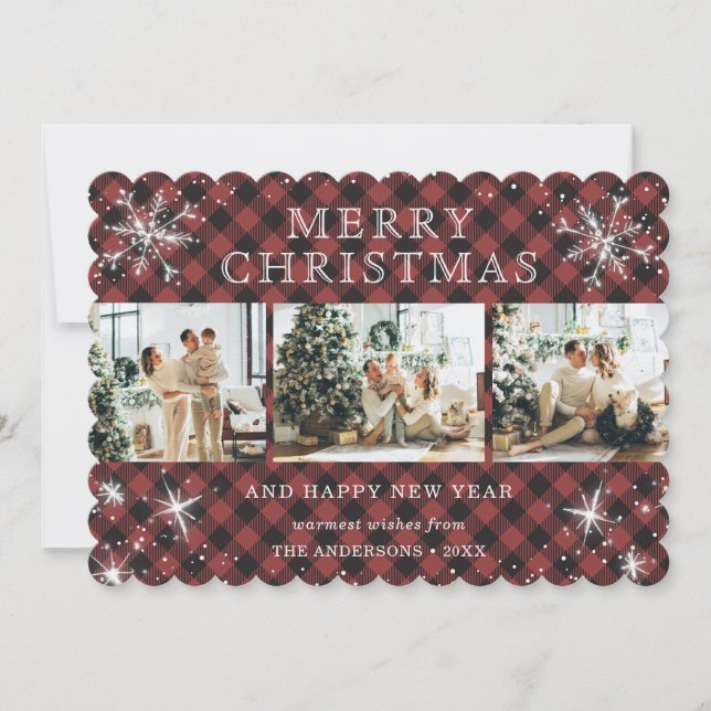 Red Plaid Sparkly Snowflake 3 Photo Collage Holiday Card (Front)