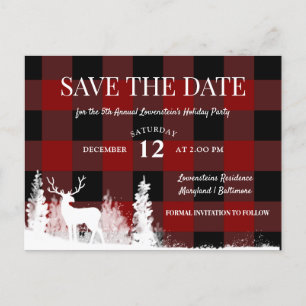 Red Plaid Stag Holiday Party Save The Date Announcement Postcard