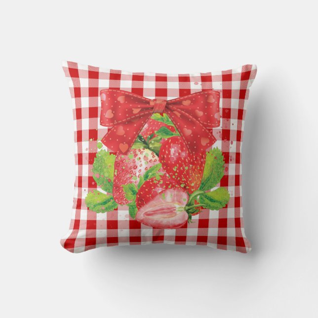 Red Plaid Strawberry Summer Throw Pillow (Front)