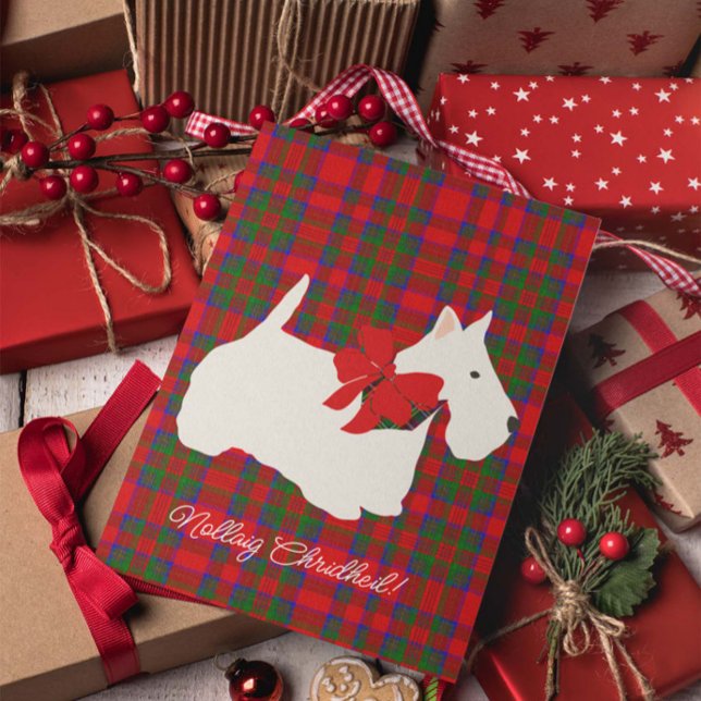 Red Plaid Tartan Scottie Greeting Holiday Card (Christmas card with Scottie dog)