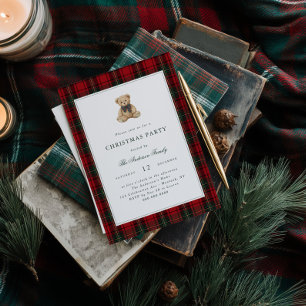 Red Plaid Teddy Bear Christmas Party Invitation