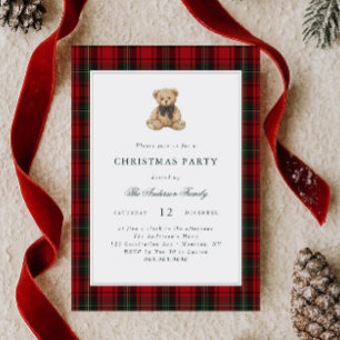 Red Plaid Teddy Bear Christmas Party Invitation