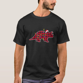 Red Plaid Triceratops Dinosaur Christmas Lights Pa T-Shirt