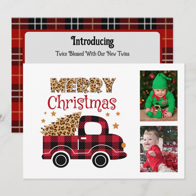 Red Plaid Truck Twins Faire-part de naissance Noël (Devant / Derrière)