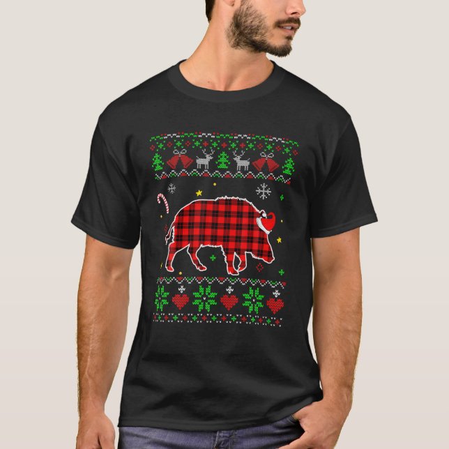 Red Plaid Ugly Sweater Christmas Animals Boar Love (Front)